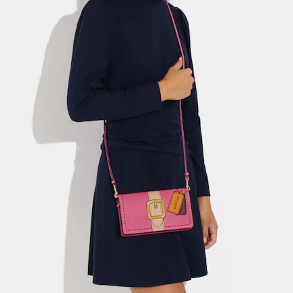 Coach Anna‎ pink leather Foldover Clutch Crossbody with Trompe L'oeil Print - Picture 4 of 7